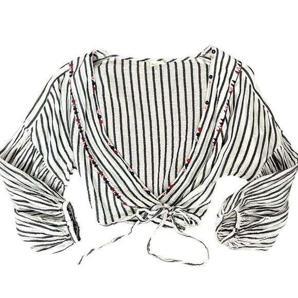 Altar’d State Cropped Stripe Wrapped Balloon Sleeve Embroidered Blouse Medium - Picture 16 of 16
